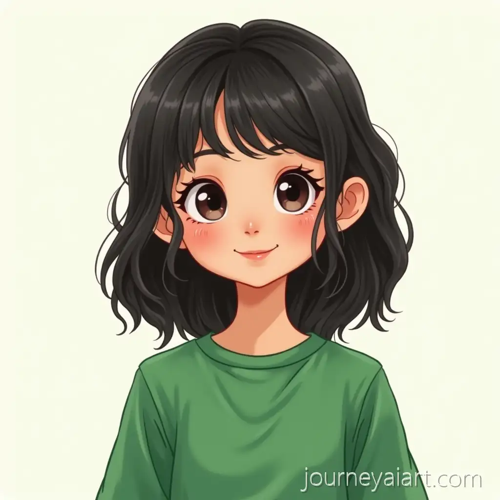 Young-Girl-with-Black-Hair-in-Green-Shirt-Celebrating-Saudi-National-Day-Cartoon-Illustration
