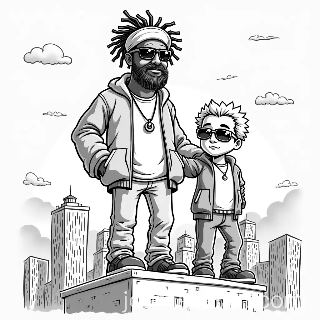 White-Rasta-and-Blond-Man-Holding-Music-Equipment-as-Giants-in-Cityscape