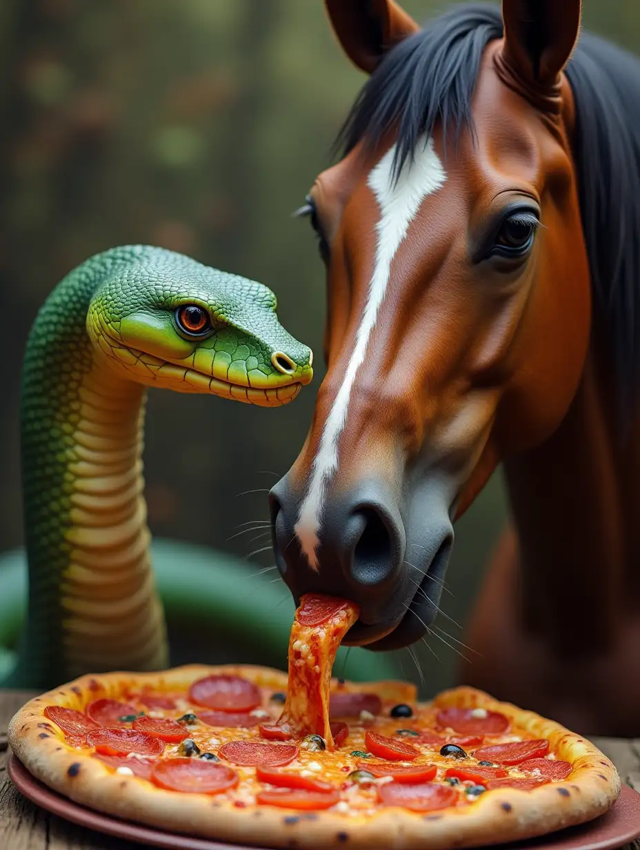 snake and horse eat pizza