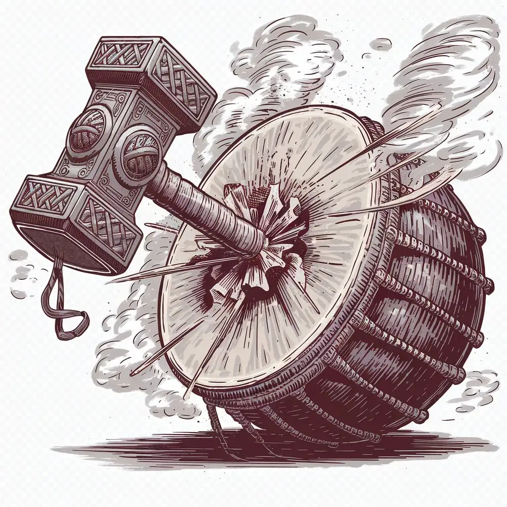 Viking Hammer Shattering a Giant Drum in HandDrawn Art