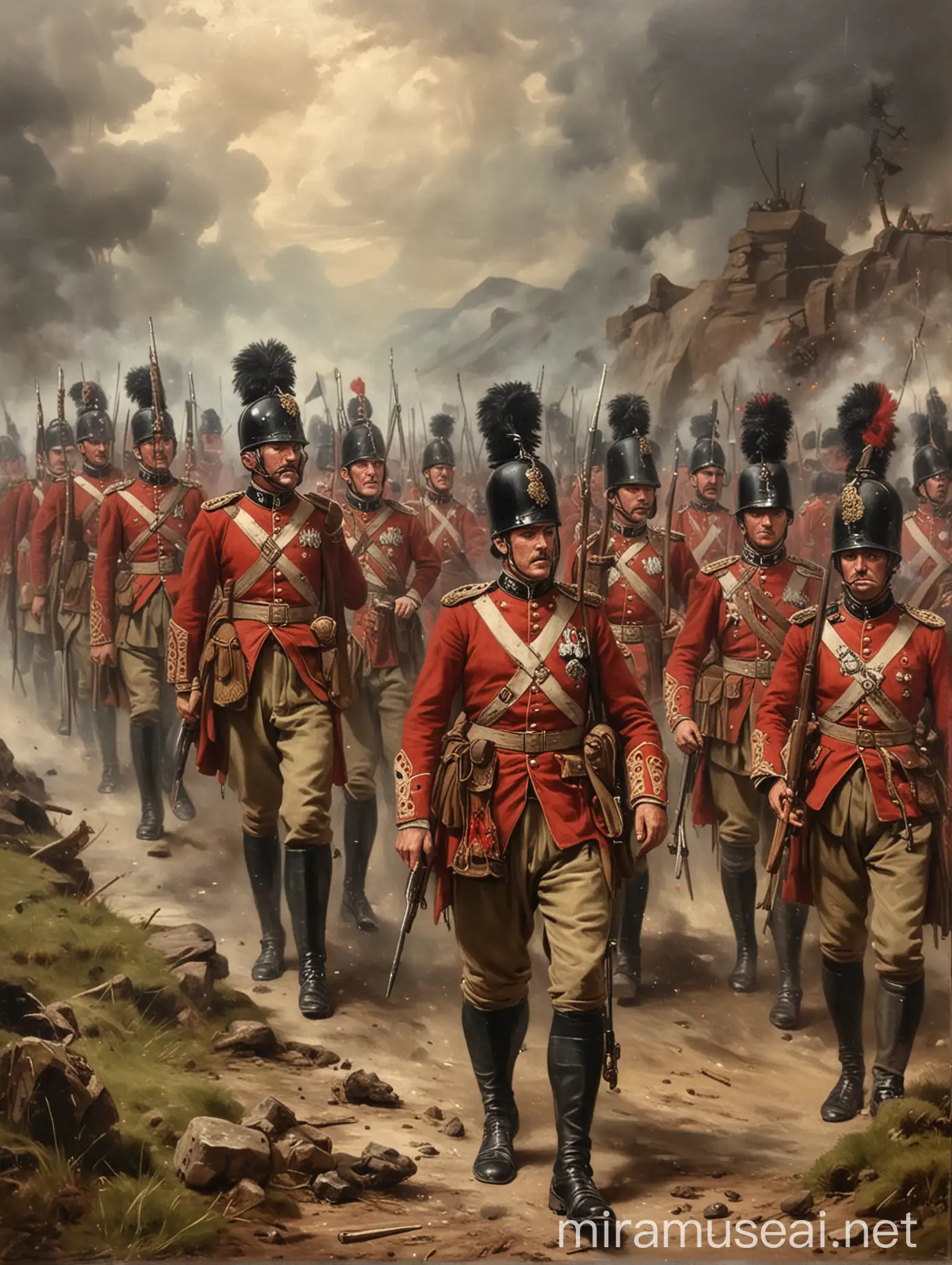 Vintage Oil Painting of Scottish Regiment in Battle