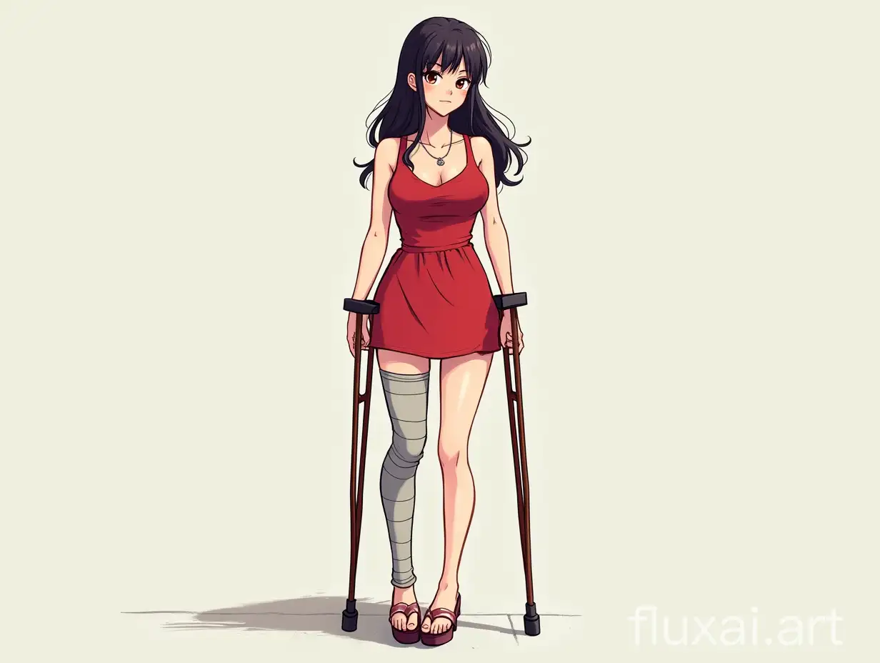 Draw it. A feminine dark-haired woman in a short red dress stands on the street, leaning on crutches, her right leg in a cast to the middle of the thigh.