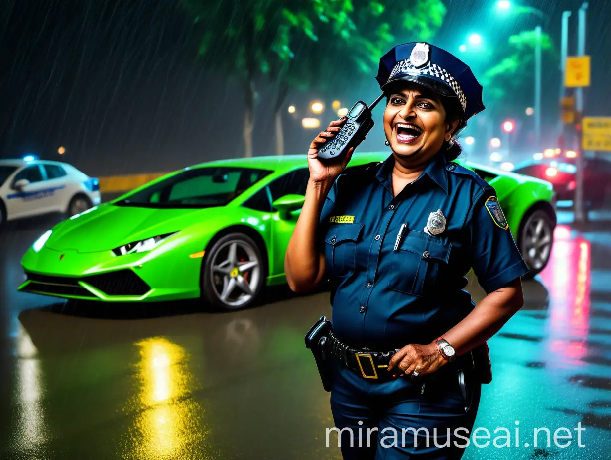 Laughing Indian Female Police Officer with WalkieTalkie in Night City Traffic