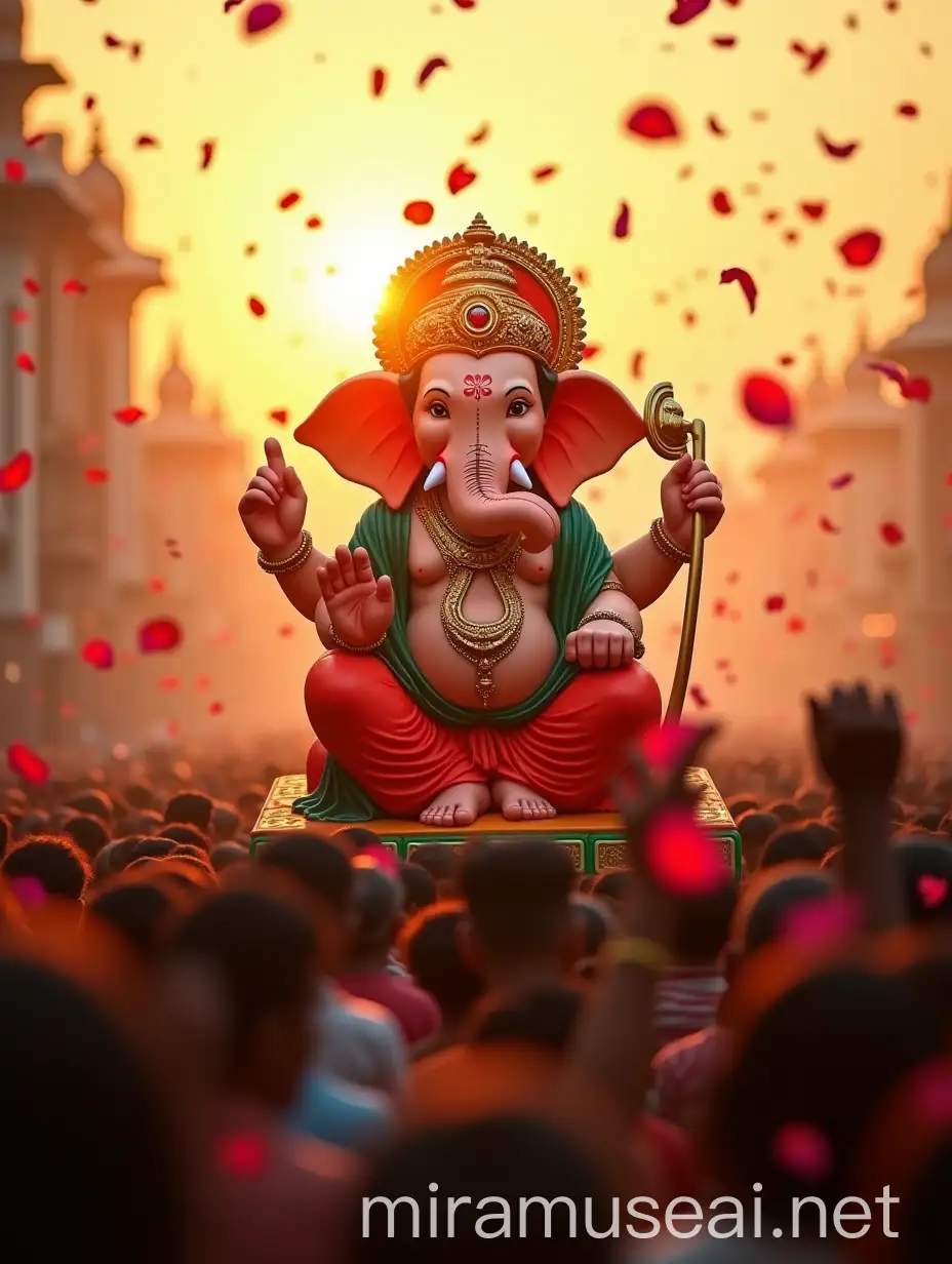 Vibrant Indian Festival Carrying Lord Ganesh Idol Amidst Joyful Crowd