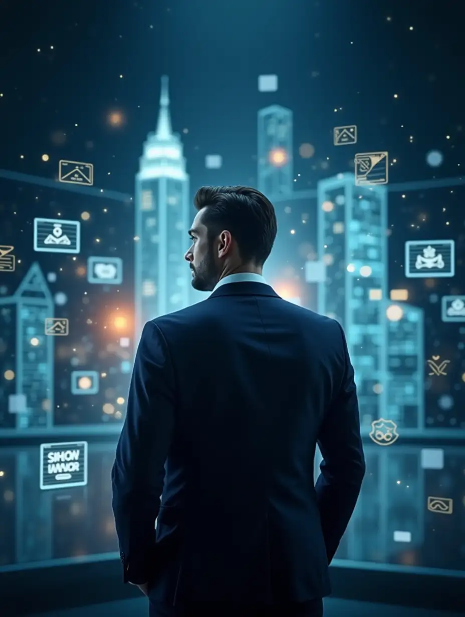 A digital hero image featuring a confident, modern male or female lawyer standing in front of a virtual cityscape made of glowing legal icons, screens, and website interfaces. Elegant, professional atmosphere with shades of dark blue, white, and a highlight of gold. Logo of Vekalink visible subtly. Resolution 2000x1333.