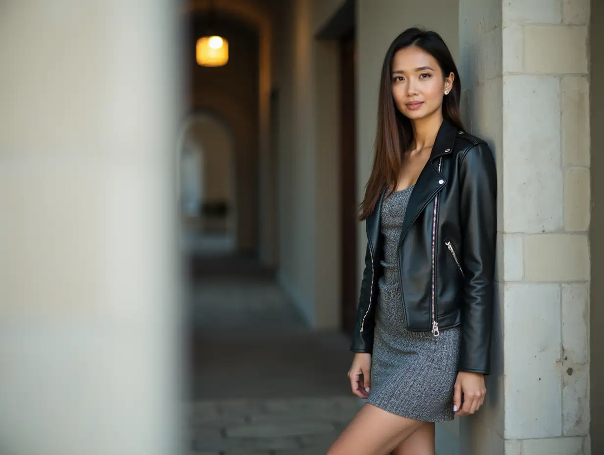 Stylish-40YearOld-Asian-Woman-in-Short-Dress-and-Black-Leather-Jacket-Leaning-Against-a-Wall