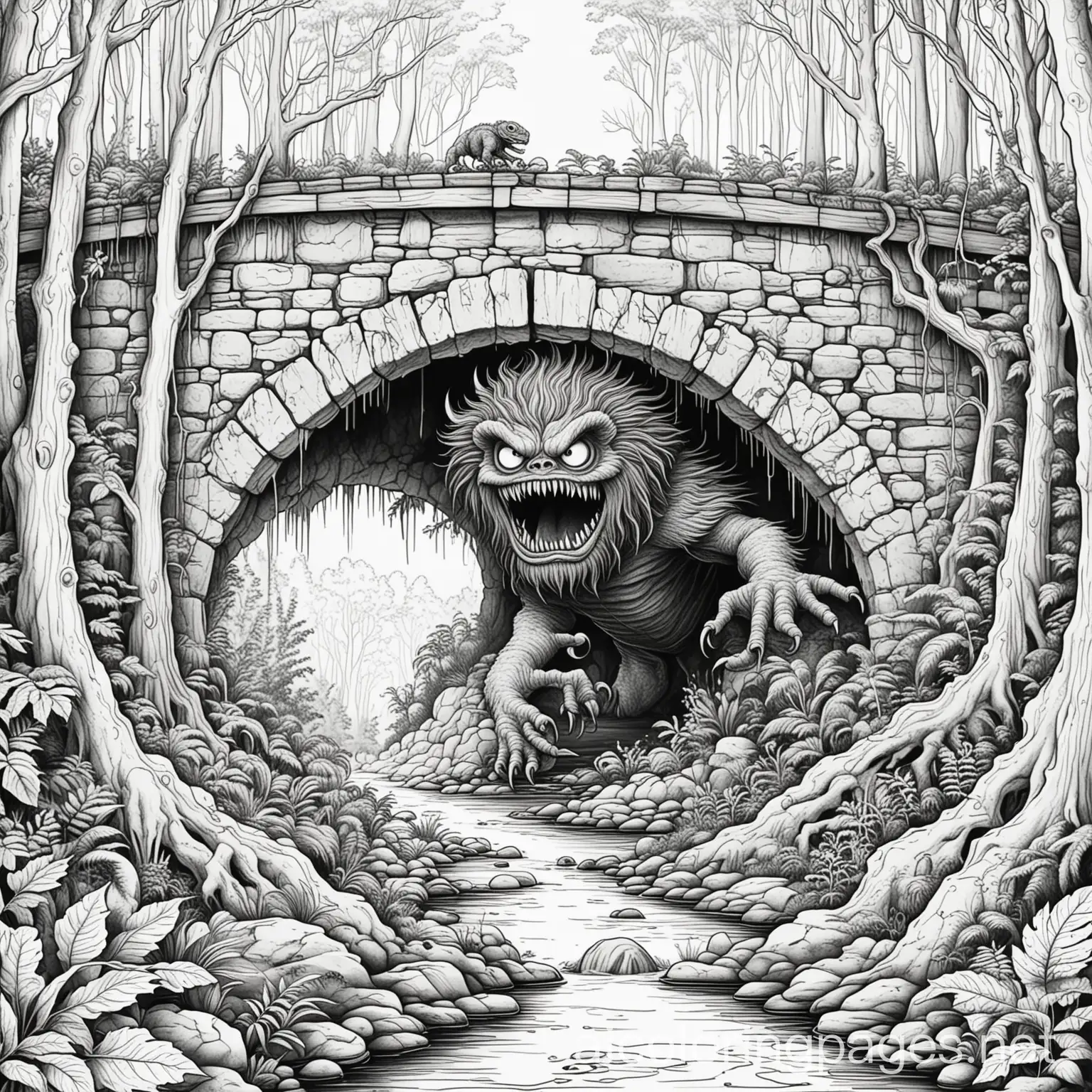 Coloring-Page-of-a-Scary-Forest-with-a-Monster-Under-a-Bridge