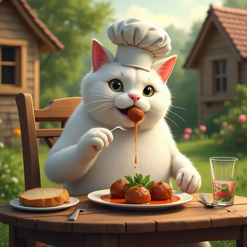 a very large funny creature anthropomorphic white cat,  now without its chef’s hat, is sitting upright on a rustic wooden chair at the wooden table. It is holding a fork in its right paw, lifting a perfectly sauced meatball toward its mouth, while its left paw rests on the edge of the table for balance. The plate in front of the cat is filled with meatballs garnished with parsley and served alongside a slice of crusty bread. A glass of water and a small bowl of salad complete the meal. The lush green garden and wooden cottages remain softly lit by warm sunlight, creating a cozy, satisfying atmosphere as the cat enjoys its culinary creation.