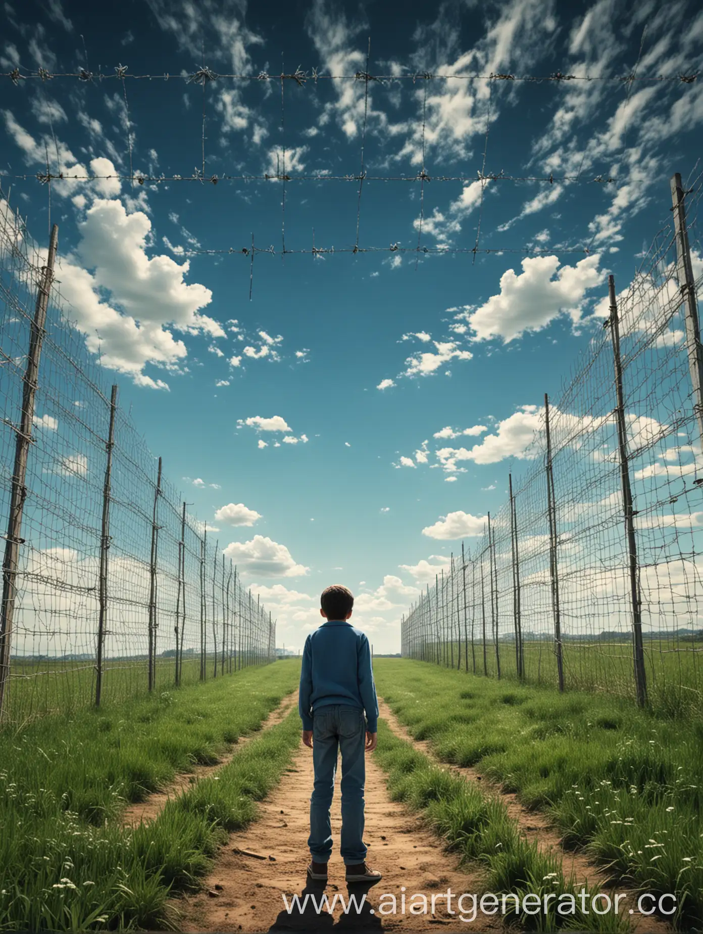 Boy-Contemplating-the-Infinite-Sky-Over-a-Prison-Grid