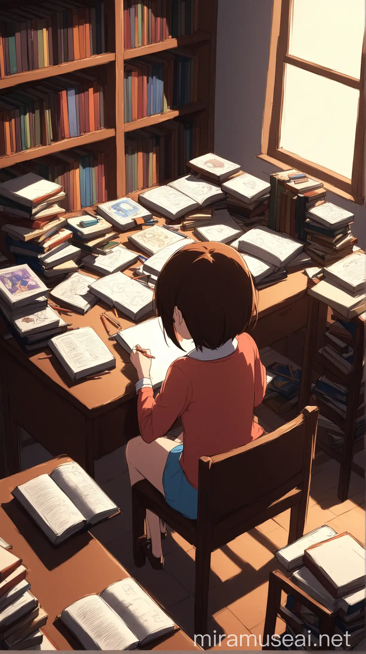 Animated Girl Surrounded by Books at Desk Back View