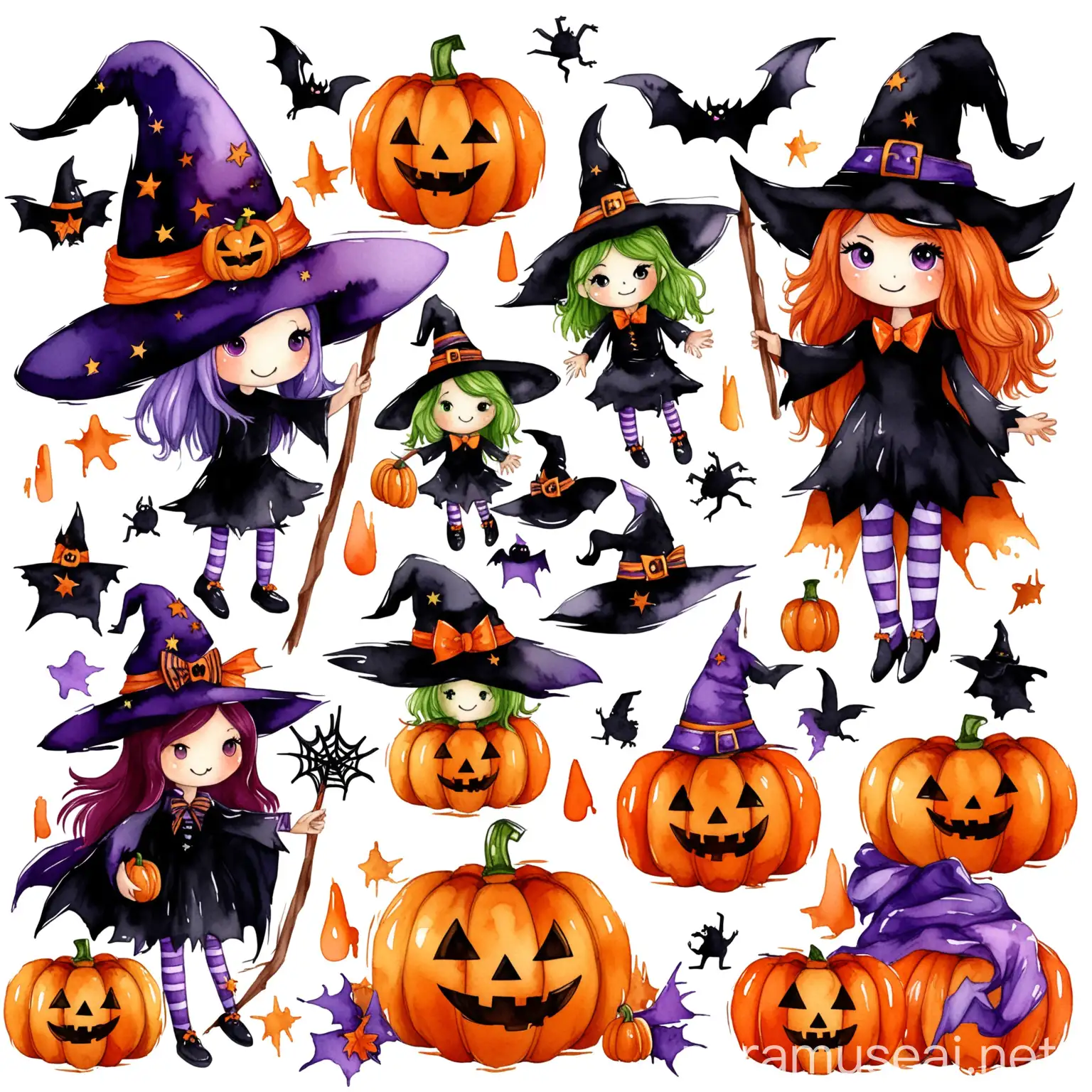 Halloween Clipart with Pumpkins Witches and Wizards in Burgundy and Orange