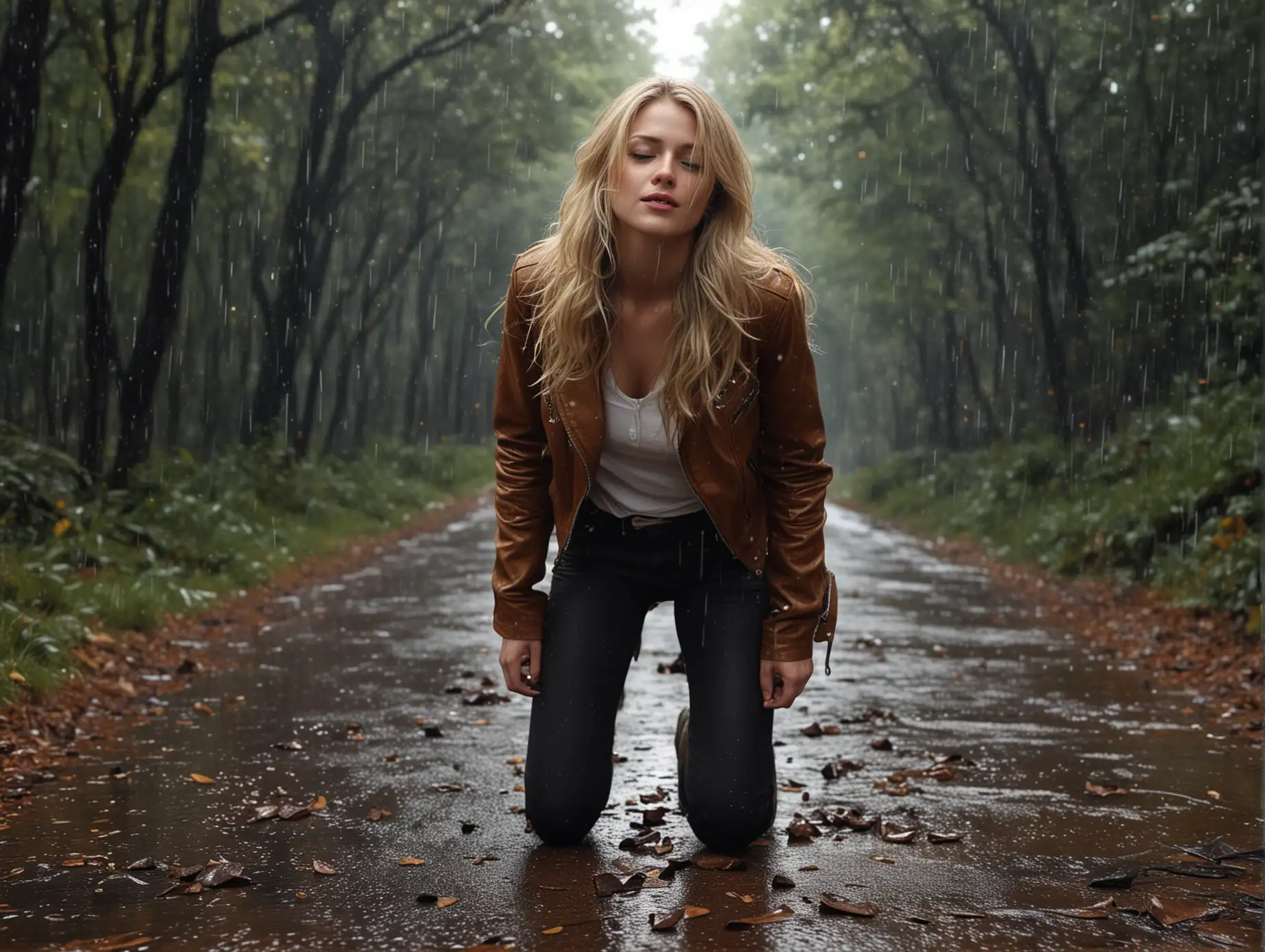 Person-Crawling-Through-a-Forest-with-Golden-Sparkling-Rain-in-UltraRealistic-Detail