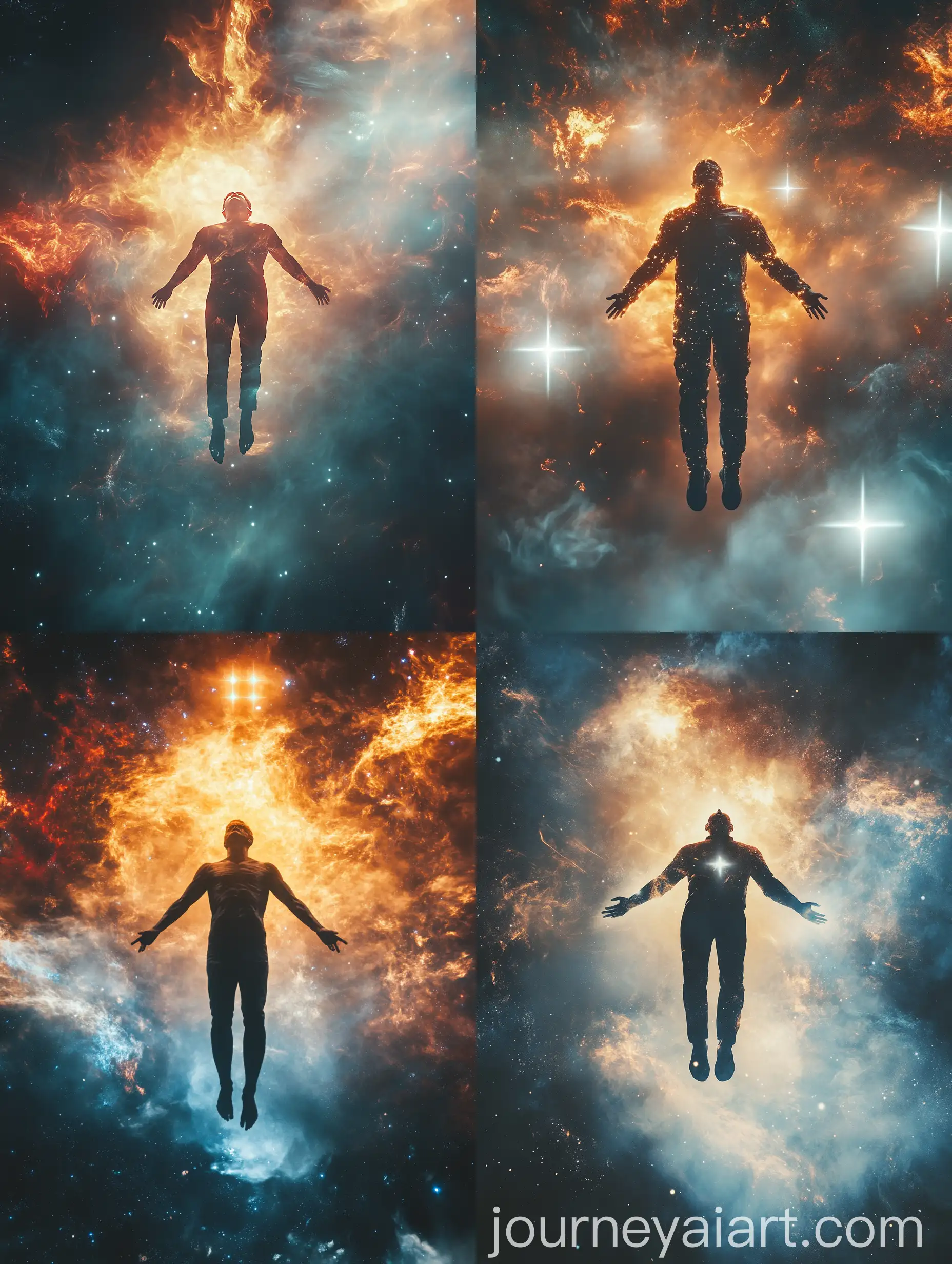 Man-Floating-in-Cosmic-Sky-with-Glowing-Eyes-and-Crosses