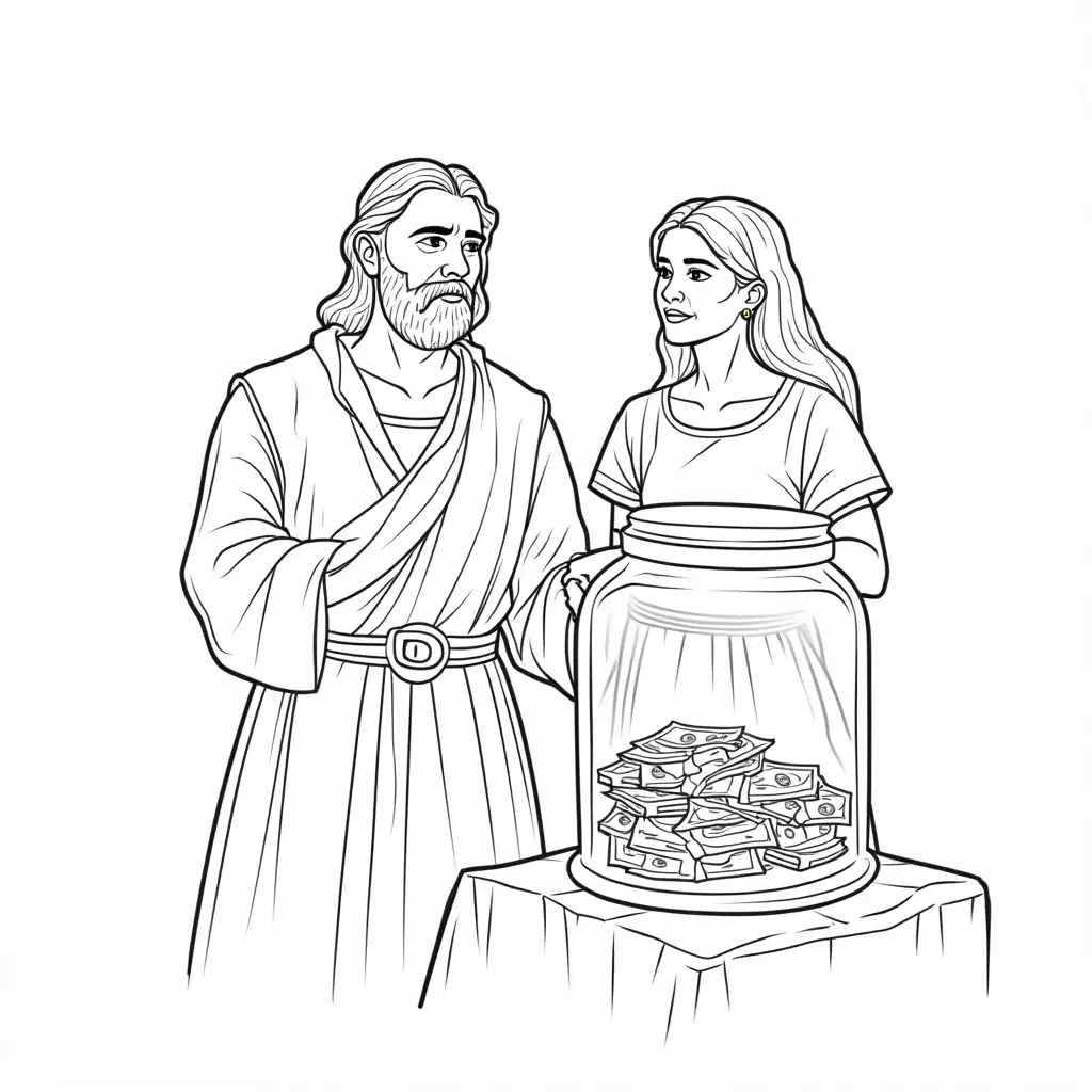 a man and woman from bible days hiding money in a jar coloring book style image