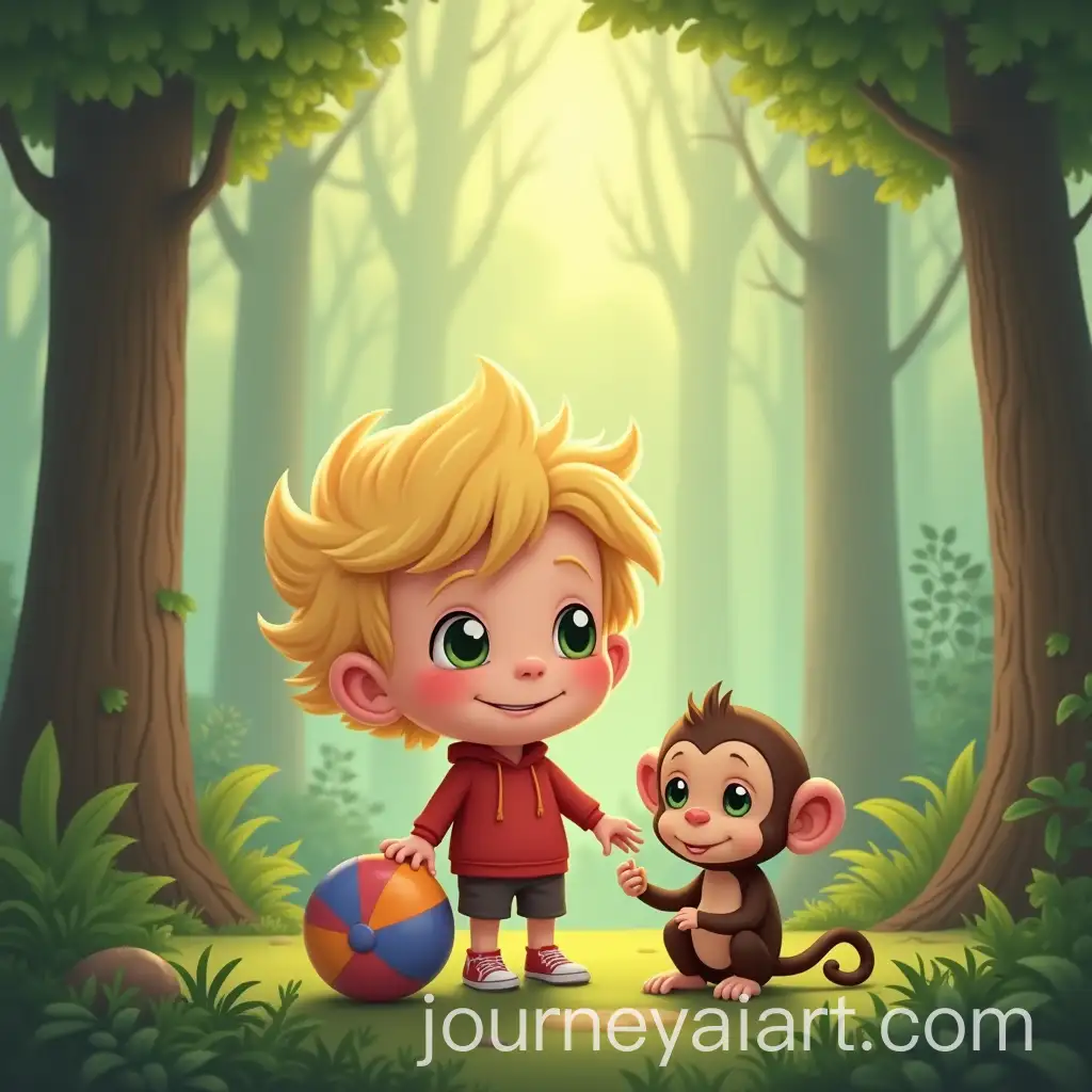 Young-Blonde-Kid-Cartoon-Character-Playing-with-Ball-and-Pet-Monkey-in-Forest