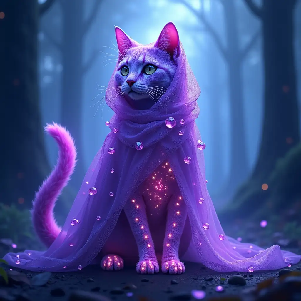 Create an image of a mystical, magical cat cloaked in a flowing, ethereal purple veil. The cat's body appears crafted from polished, diamond-like gemstone fragments, casting a radiant, multi-colored glow that hints at hidden magical energy. Its eyes are bright and captivating, while its fur shimmers with vibrant, luminous shades of purple, enhancing its otherworldly presence. The cat’s tail sways gracefully, and each movement seems to refract light like a precious gem. The backdrop features a misty, blue-tinged forest that adds to the atmosphere of mystery and enchantment. The overall scene should depict a strikingly beautiful and imaginative diamond-like cat, evoking wonder and a sense of magical allure.