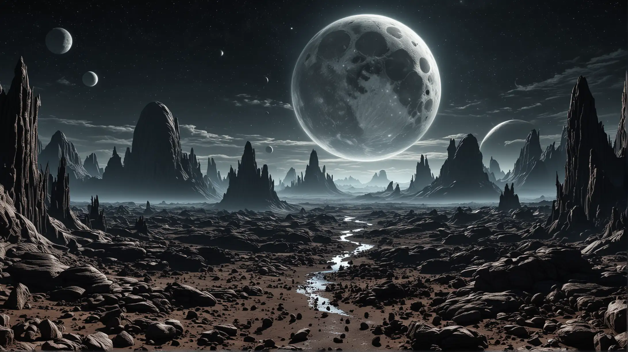 Alien Landscape with Dual Moons and Digital Abstract Background