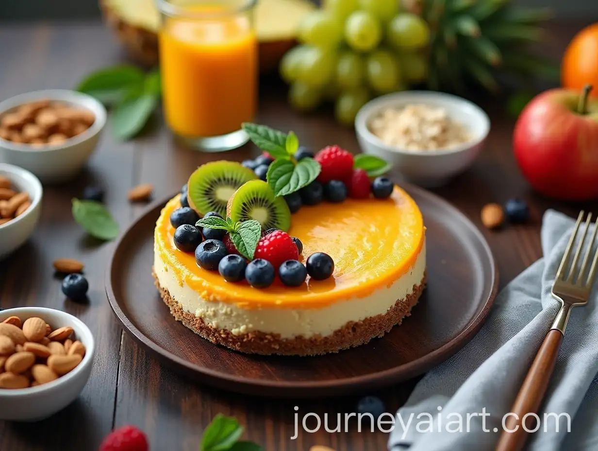 Vibrant-NoBake-Cheesecake-with-Fresh-Fruits-and-Nuts-in-Cozy-Kitchen-Setting