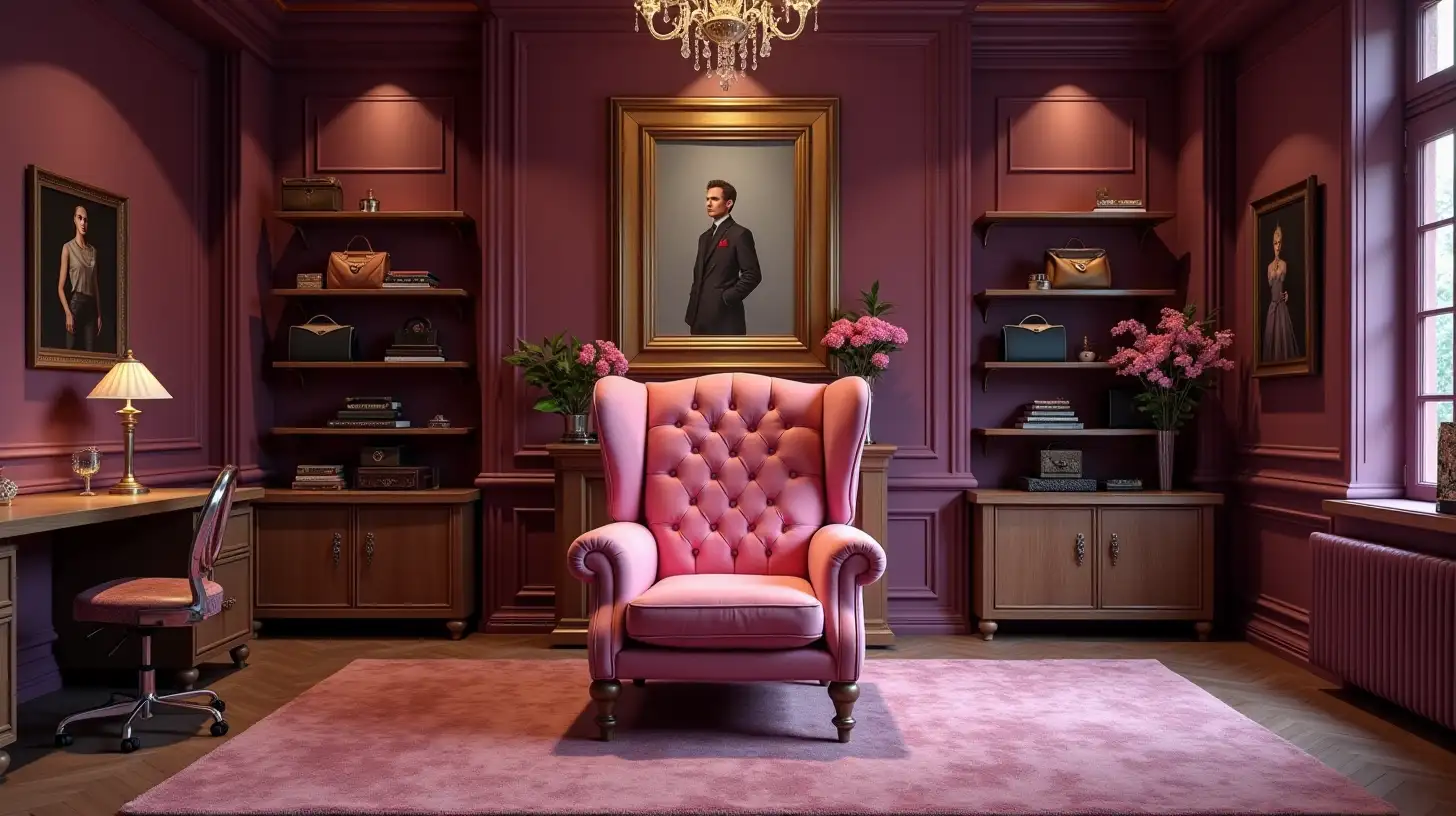 Luxurious pink suede chair in the middle of a modern and extravagant office, Elegant and ornate office of a fashion manager, with wooden furniture and intense purple walls, Careful details, including shelves with accessories, fashion books, designer handbags, framed portraits, exotic tailor objects and portraits on the walls, A large golden frame in the center, Warm lighting and cinematic tone. Photo style for a fashion or interior design magazine. Central composition, with a slightly low perspective, focusing on the elegant pink management chair. Soft leather texture and polished wood furniture. Sophisticated and contemporary slightly theatrical and extravagant. Commercial art. Hyperrealism, ultra-detail, high definition cinematographic photography, 4k, 8r