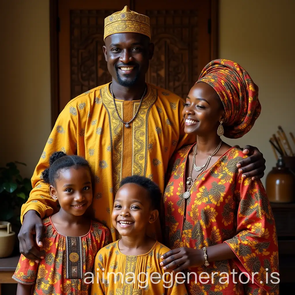A devoted Yorùbá father stands proudly with his family, his presence radiating warmth and protection. He wears a traditional agbada, intricately embroidered, and a fila cap that symbolizes dignity and wisdom. His children gather around him, dressed in colorful Ankara fabrics, reflecting the beauty of Yorùbá heritage. His eyes shine with deep love as he gently places a hand on his wife's shoulder, who wears an elegant iro and buba, wrapped in a vibrant gele. The setting is a well-decorated home with wooden carvings and talking drums in the background, or a peaceful outdoor scene where they share laughter under the golden glow of the sun. His posture exudes commitment—a man whose life revolves around ensuring his family's happiness and well-being. Every detail in the image should highlight his passion for fatherhood, the trust in his children's eyes, and the deep connection shared between them, all infused with the essence of Yorùbá tradition.