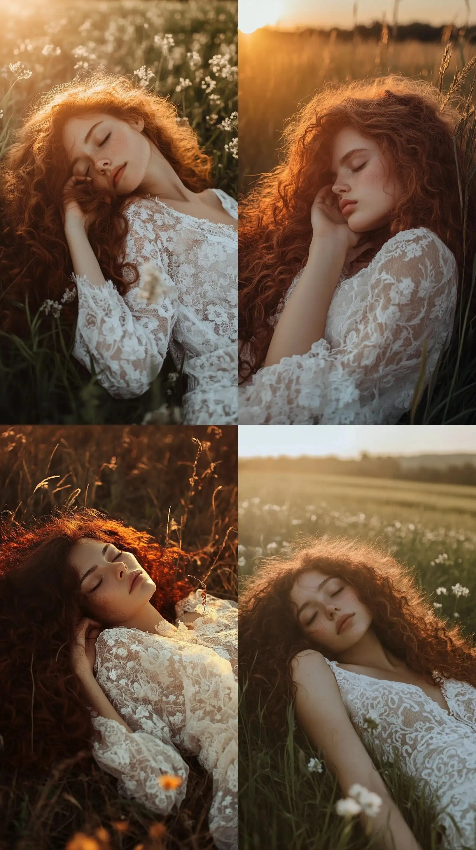 Girl-Waking-Up-at-Sunrise-in-Nature-with-Long-Curly-Burgundy-Hair-and-White-Lace-Dress