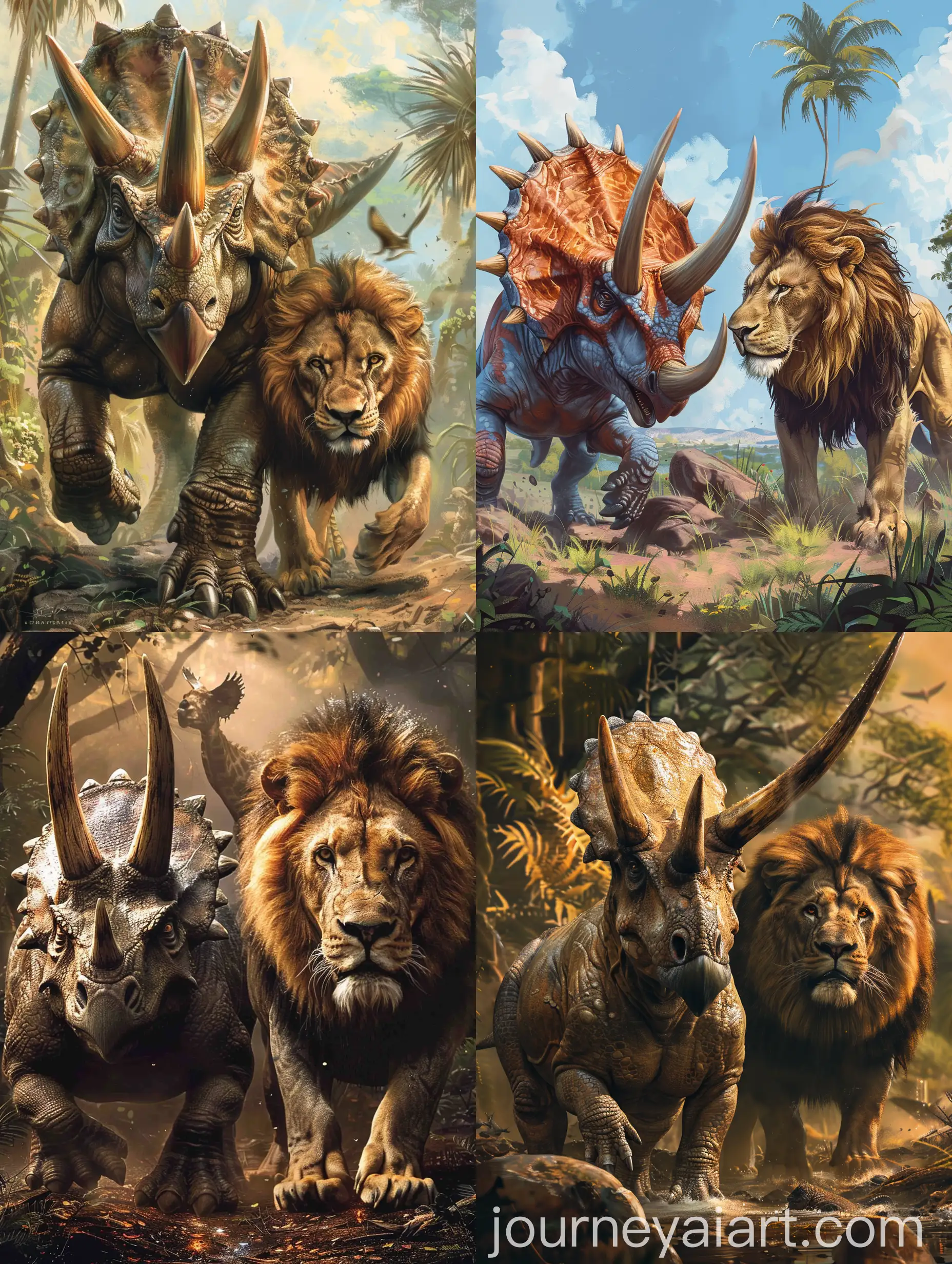 Triceratops-and-Lion-Side-by-Side-in-Prehistoric-Scene