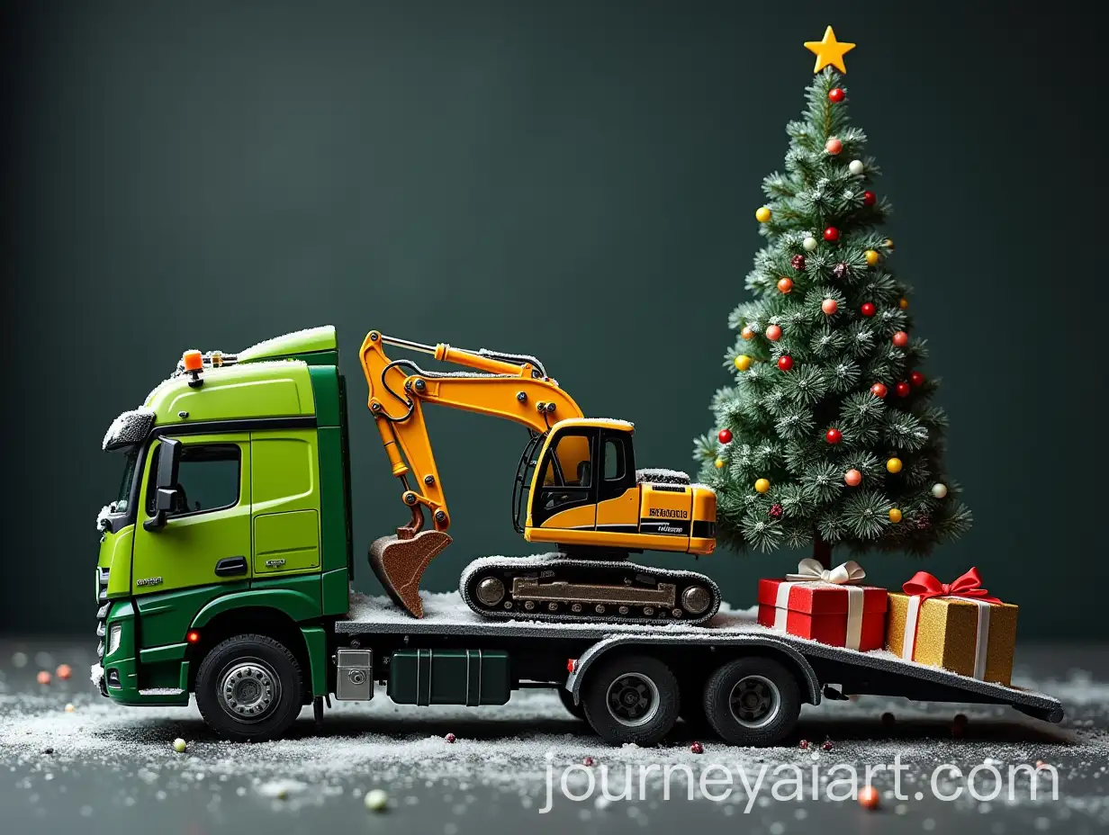 Christmas-Tree-Presents-and-Vehicles-on-Snowy-Background-with-Snowflakes