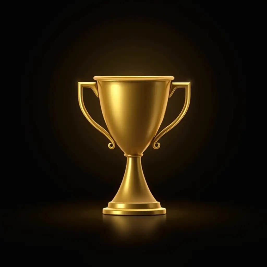 golden sports cup in the shape of a square, with clear straight edges, a square and triangle coming out of it, on a dark background, gold ribbons in the back