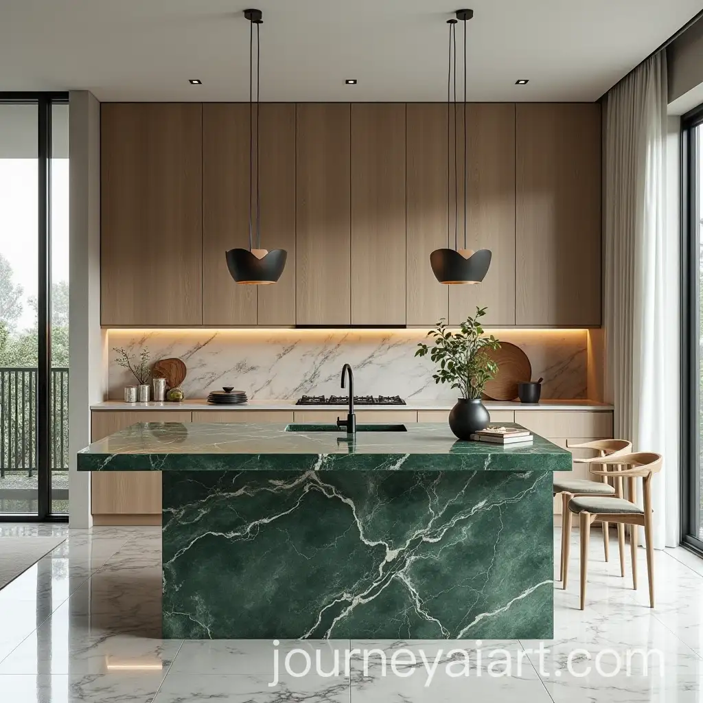 Modern-Kitchen-with-Marble-Countertops-and-Green-Marble-Island