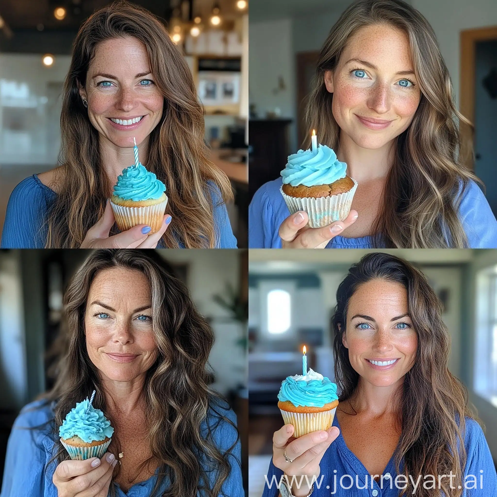 Smiling-American-Woman-Holding-Muffin-with-Blue-Icing-and-Candle