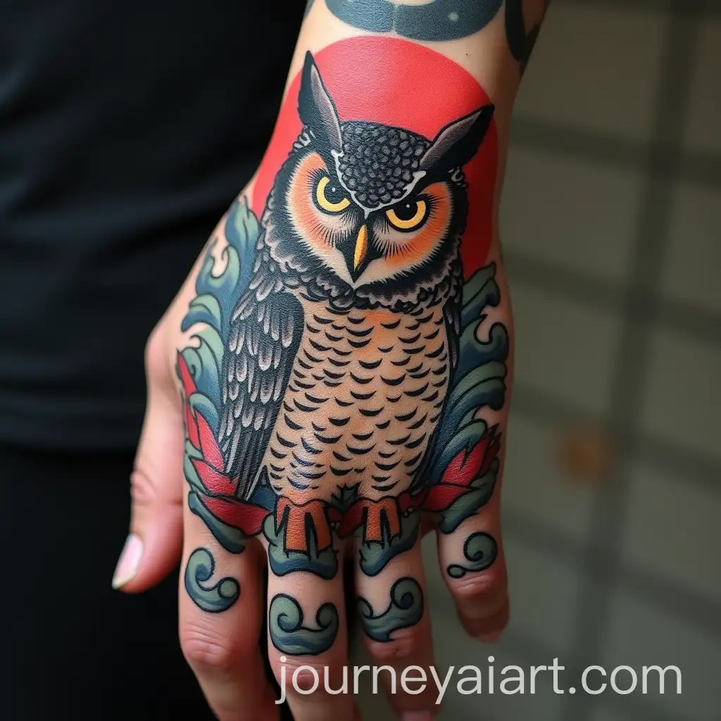 Japanese-Style-Owl-Tattoo-on-Human-Hand-with-Water-and-Waves-Background