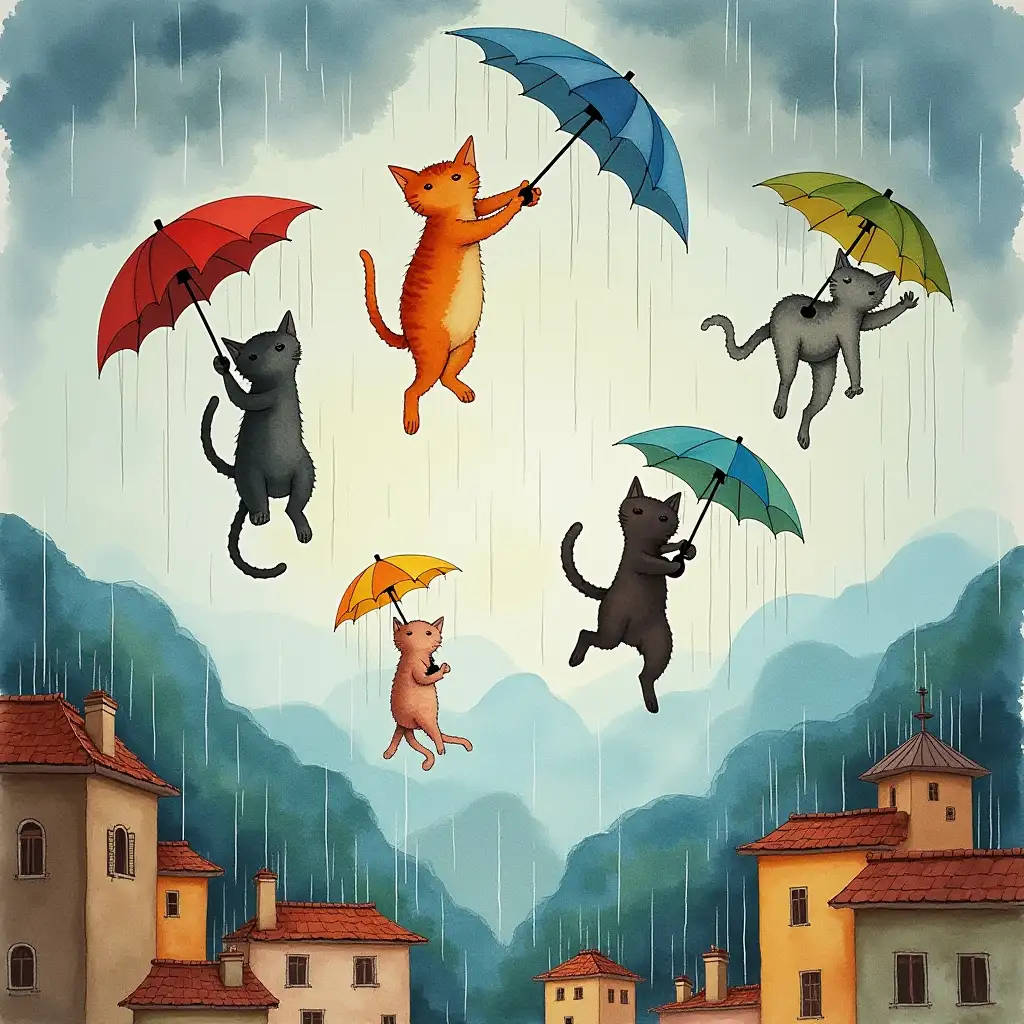 Watercolor and acrylic, several cats dropping from the sky in the rain, each is holding onto a colored umbrella,, buildings and mountains bg, textured painterly fantasy, style of quentin blake