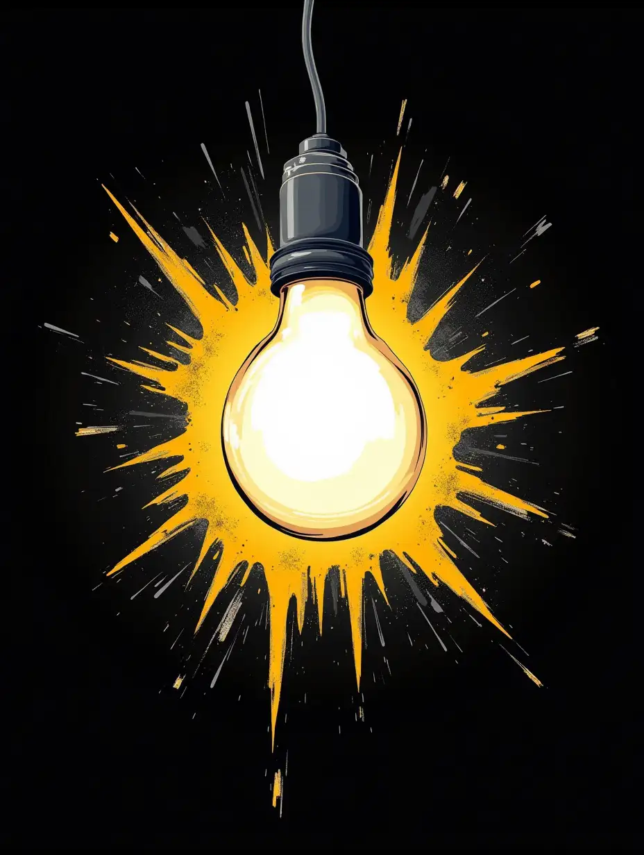 graffiti on a black background, a big white lighting LED light bulb Dangling from the top, A blast from the center,lite yellow white gray black, wide strokes of paint, dynamic composition, street art, vector drawing