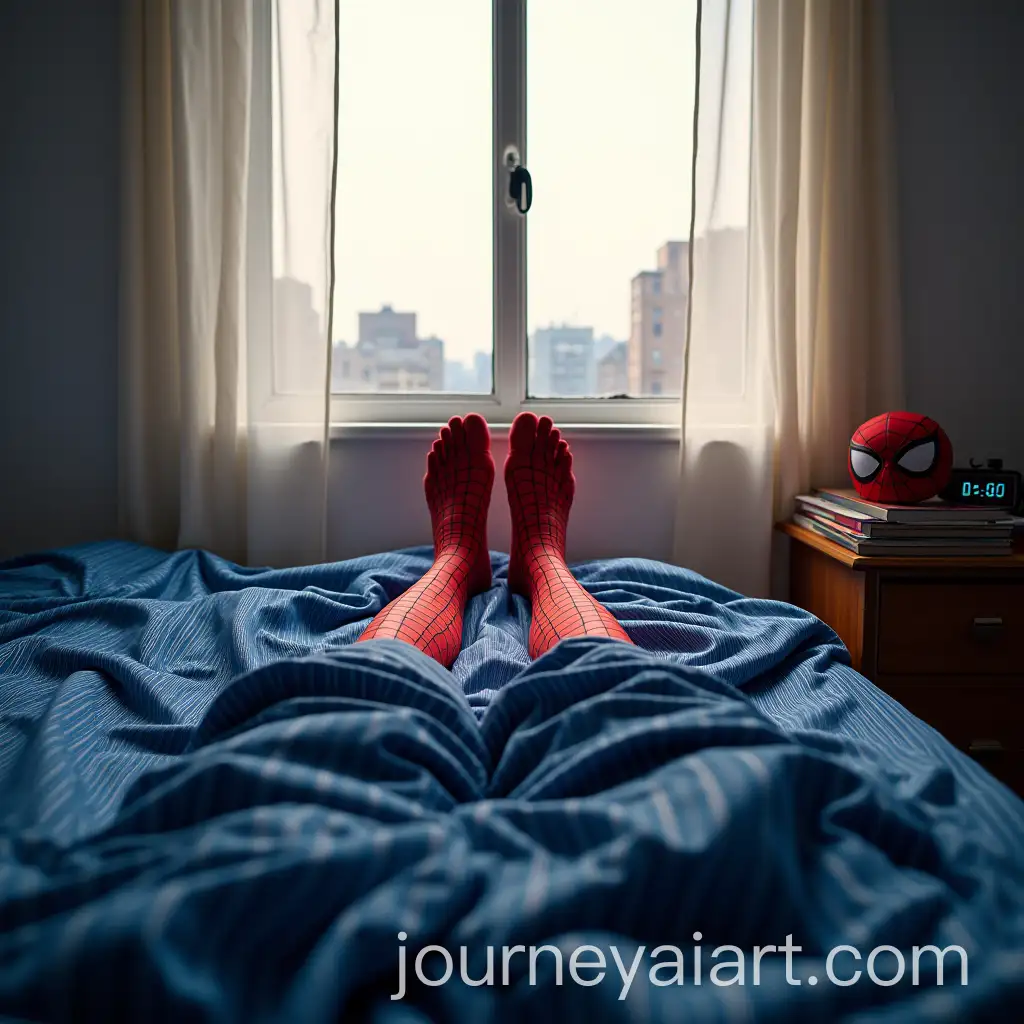 SpiderMans-Morning-Bed-View-with-Striped-Bedspread-and-City-NoiseAI-Image-Prompt-Expansion
