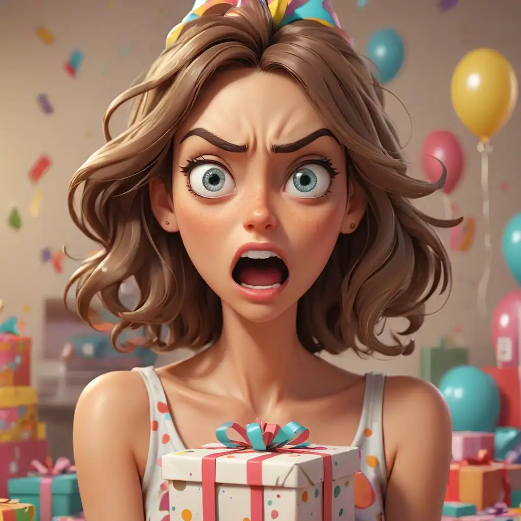 Cartoon-Woman-Rolling-Eyes-at-Birthday-Gift-in-3D-Party-Setting