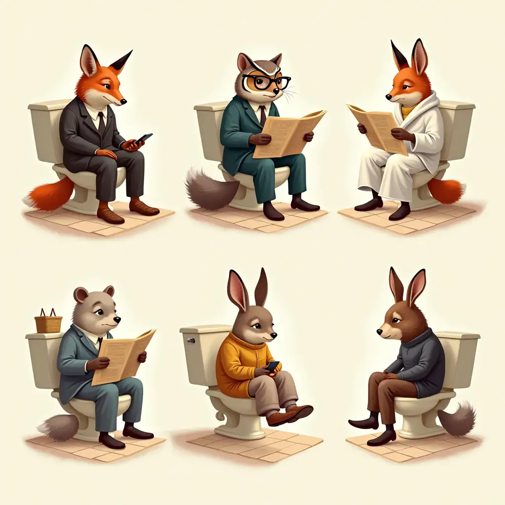 Anthropomorphic-Animals-on-the-Toilet-in-Elegant-Vintage-Bathroom-Illustrations