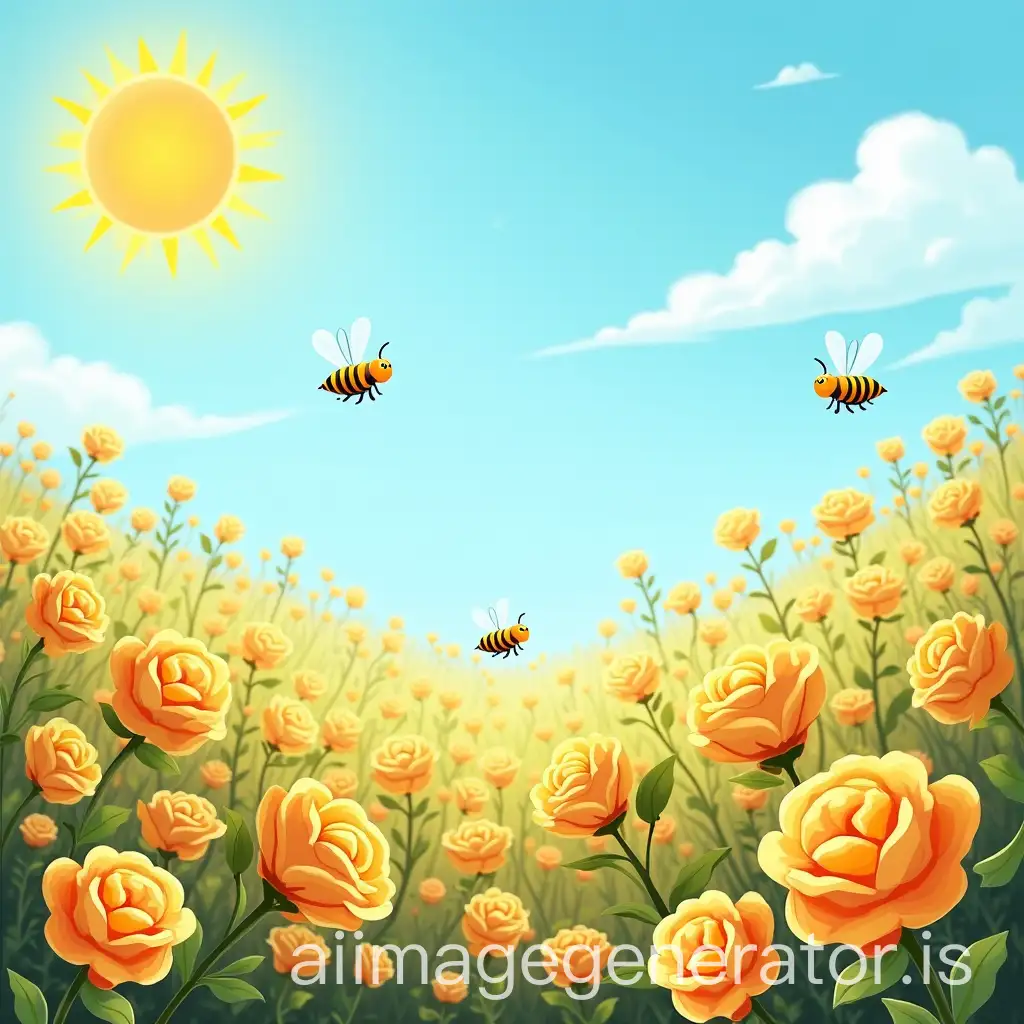 cartoon topic, bees are flying in the middle, below is a field of flowers, by the roses are beehives. Above is the sun and blue sky