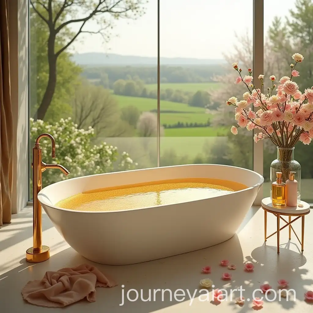 Luxurious-Minimalist-Bathroom-with-Glittering-HoneyColored-Bathtub-and-Dreamy-Landscape-View