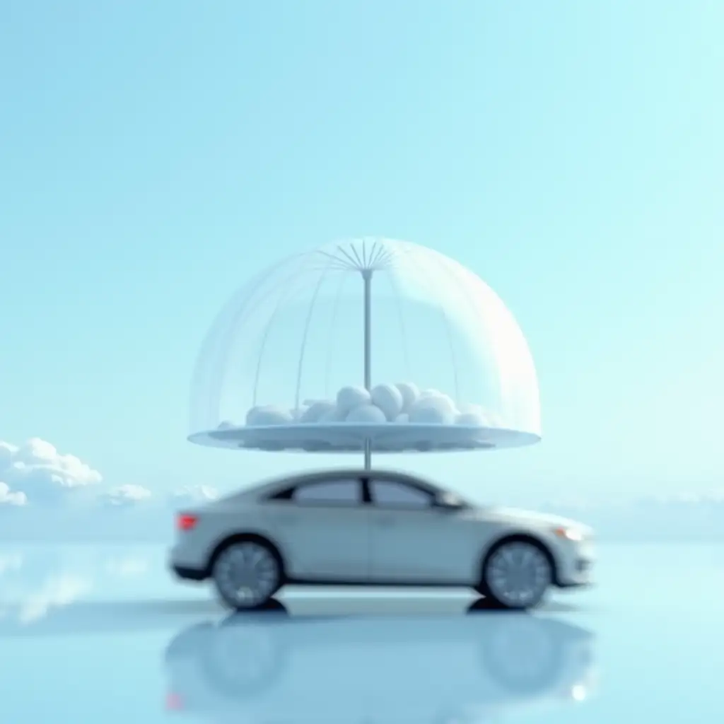 Modern-Car-Under-Transparent-Umbrella-with-Soft-Blue-Sky-Background