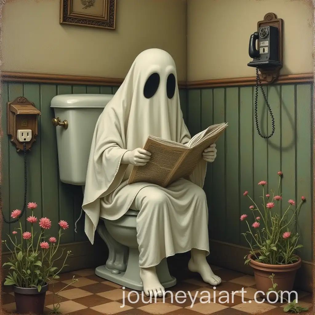 Vintage-Whimsical-Ghost-Reading-Newspaper-in-Antique-Bathroom
