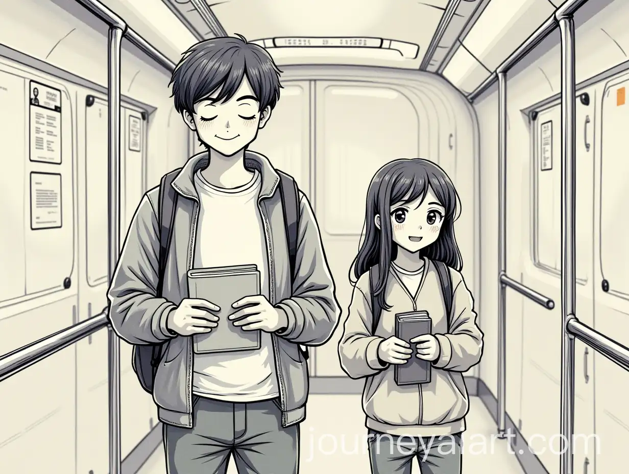 Young-Man-and-Girl-with-Books-Riding-Subway-Holding-Handrail