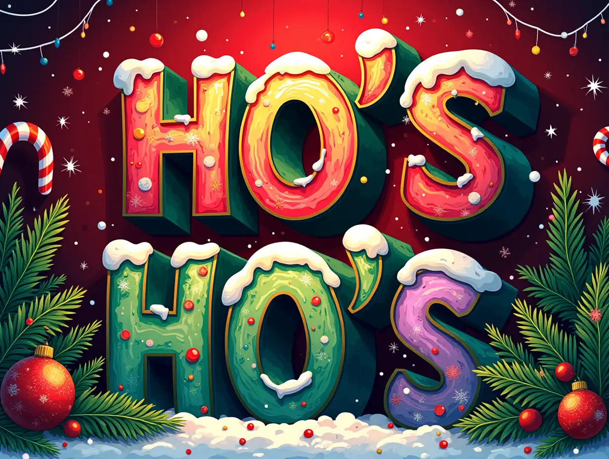 Vector illustration, Art style: stained glass, Simple lines. Create a colorful and vibrant holiday-themed graphic featuring the large text “HO’S HO’S HO’S” in bold neon, playful letters. The letters should be layered in red and green, with splashes of white, purple, and yellow dripping from them. The background is a festive blend of red and green, accented with sparkling snowflakes and Christmas elements like candy canes and pine branches. The scene has a fun, whimsical aesthetic reminiscent of pop art, with a glossy, hyperrealistic finish that highlights the bright colors and celebratory holiday mood.