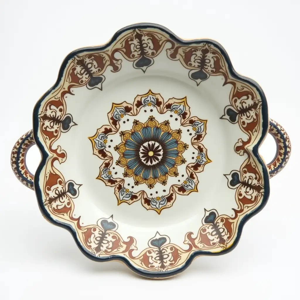 A ceramic serving in the shape of a six-petaled flower with a ceramic handle, Underglaze painting on white body, Fine art, Hyper detailed, Antique and old, Qajar art, Iranian Tabriz carpet design