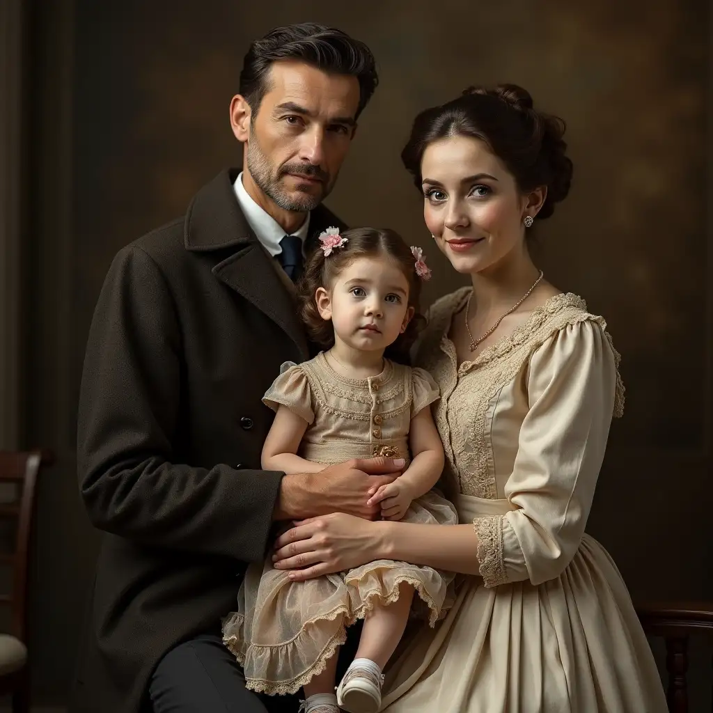 A photo of a petite victorian family, mother father 2 daughter.