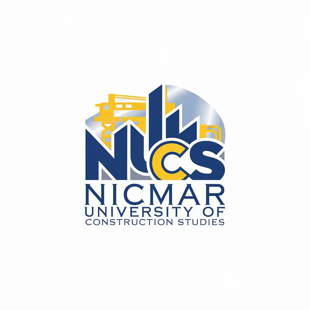 LOGO Design for NICMAR University of Construction Studies Bright Blue Letters with Yellow Equipment Theme