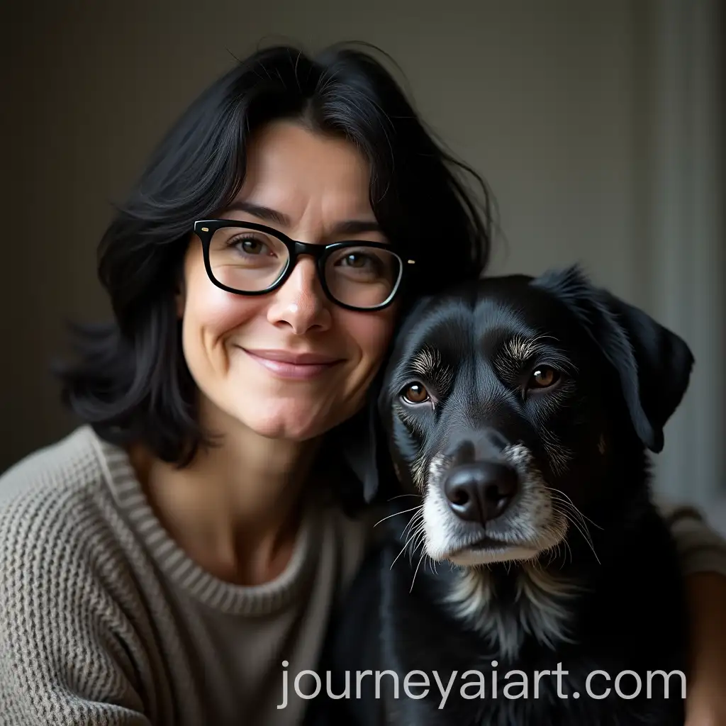 Short-Stature-Woman-with-Glasses-and-MediumSized-Black-Dog-with-White-Fur