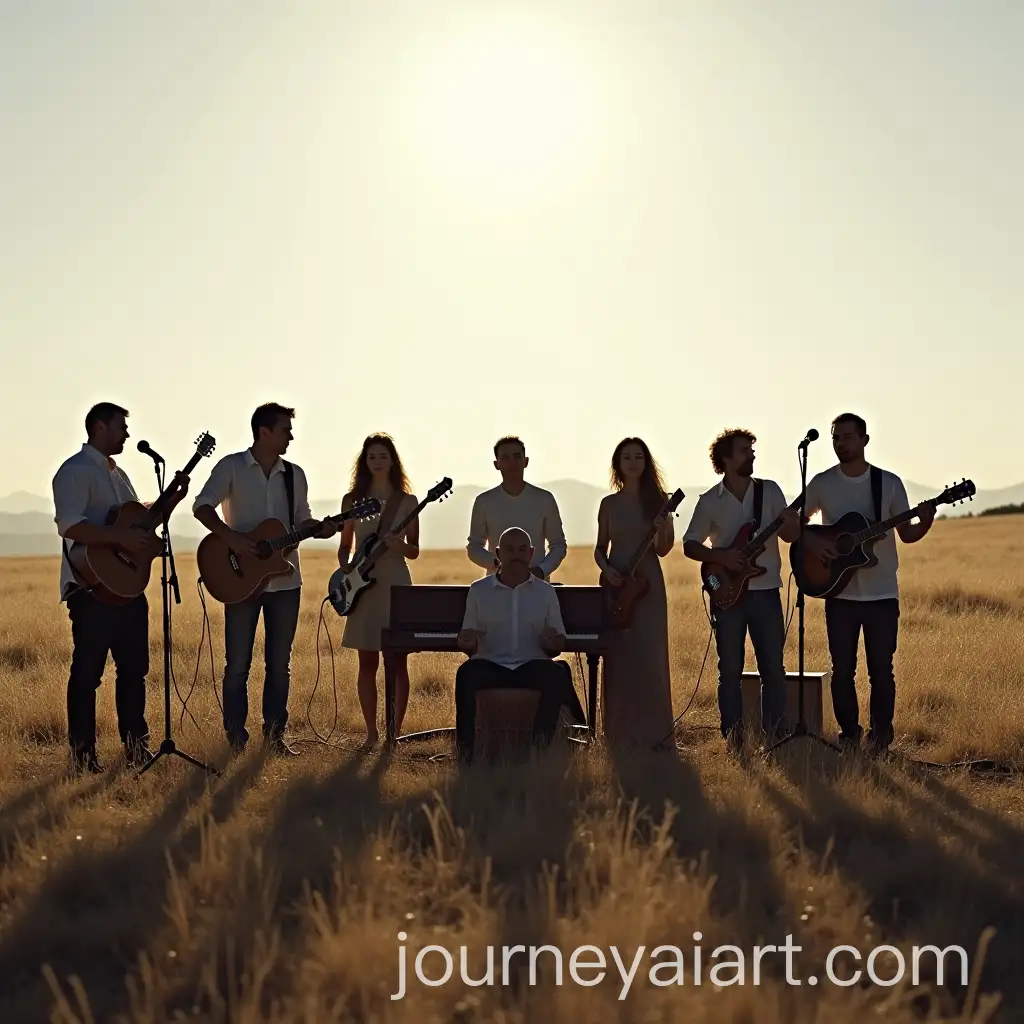 Band-of-Musicians-Playing-Instruments-with-Piano-Player-Silhouetted-in-Open-Landscape