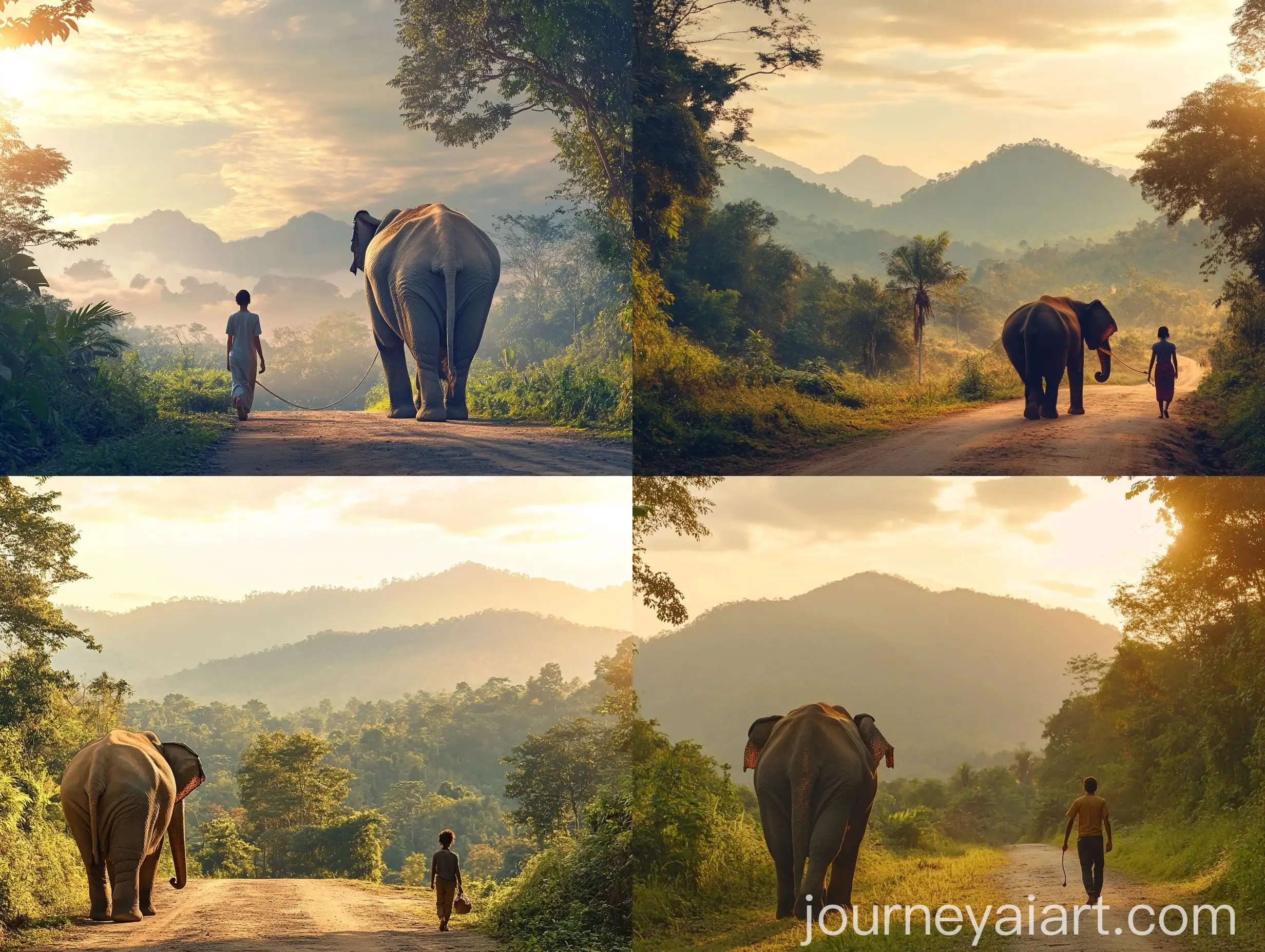 Peaceful-Human-Walking-with-Adult-Elephant-in-Serene-Natural-Setting