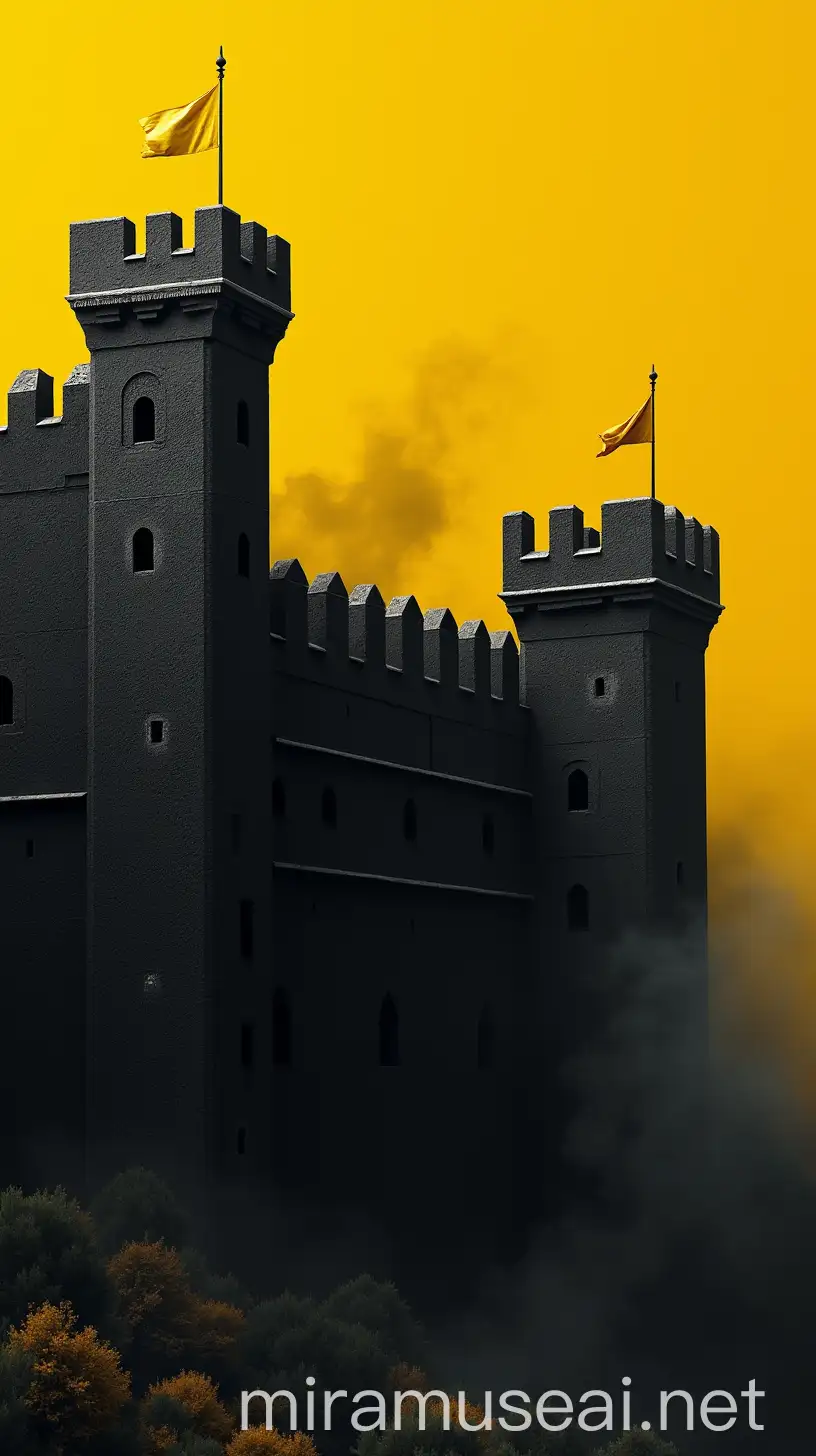 Ancient Black Wall with Towers and Yellow Flags