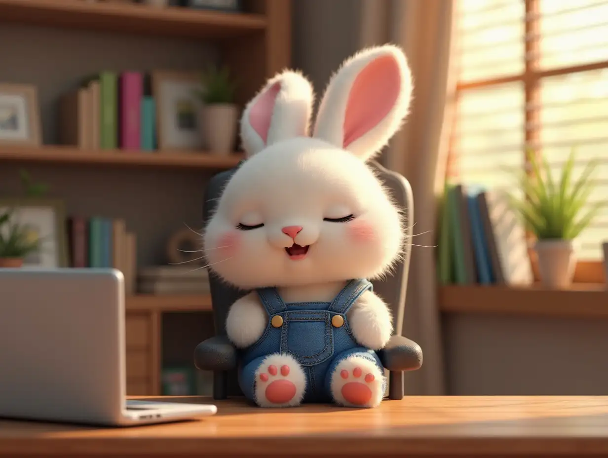 Cute-Fluffy-Bunny-Sleeping-in-a-Denim-Jumpsuit-in-a-Cozy-Office